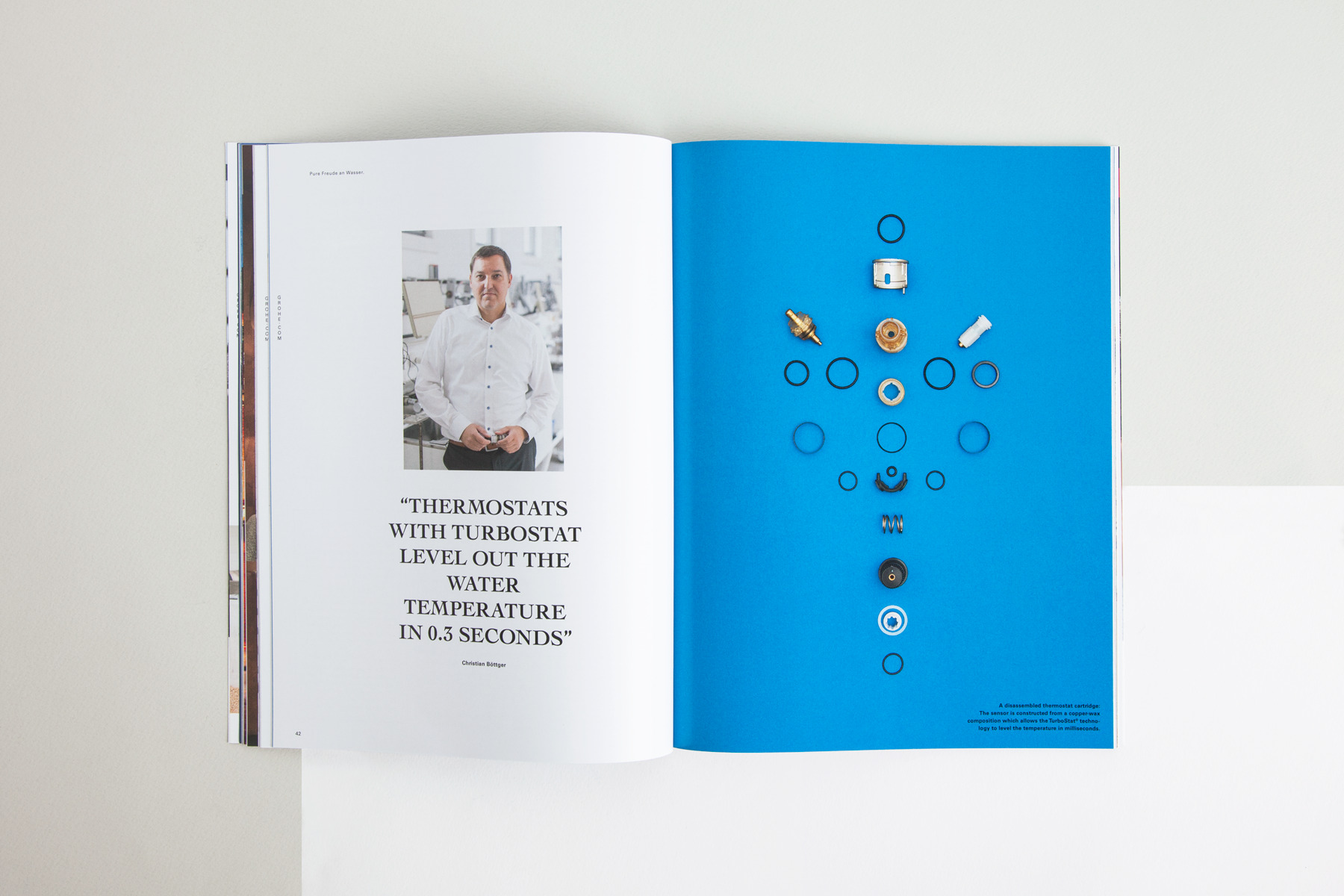 GROHE Thermostat Bauteile Flatlay, Interview Christian Böttger – GROHE Magazine, Art Direction: Faible Creative